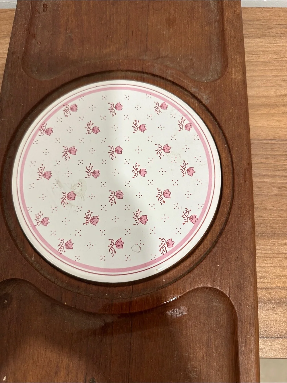 Wooden Serving Tray with Pink Floral Ceramic Insert